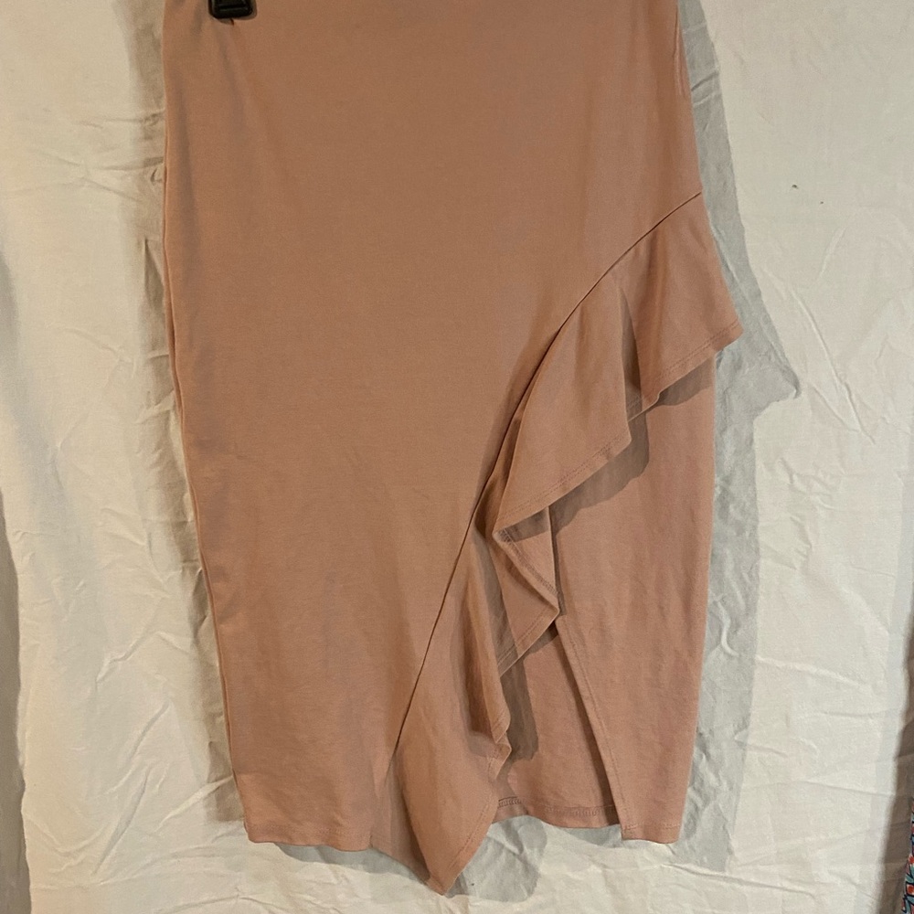 ICON PINK MIDI PENCIL SKIRT ASYMMETRICAL RUFFLED COCKTAIL - MED